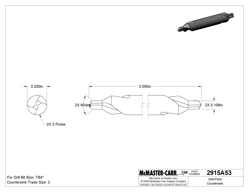 Technical Drawing of Center Drill, Cobalt Steel, 60 Degree, Trade Size 3, 2" Overall Length.